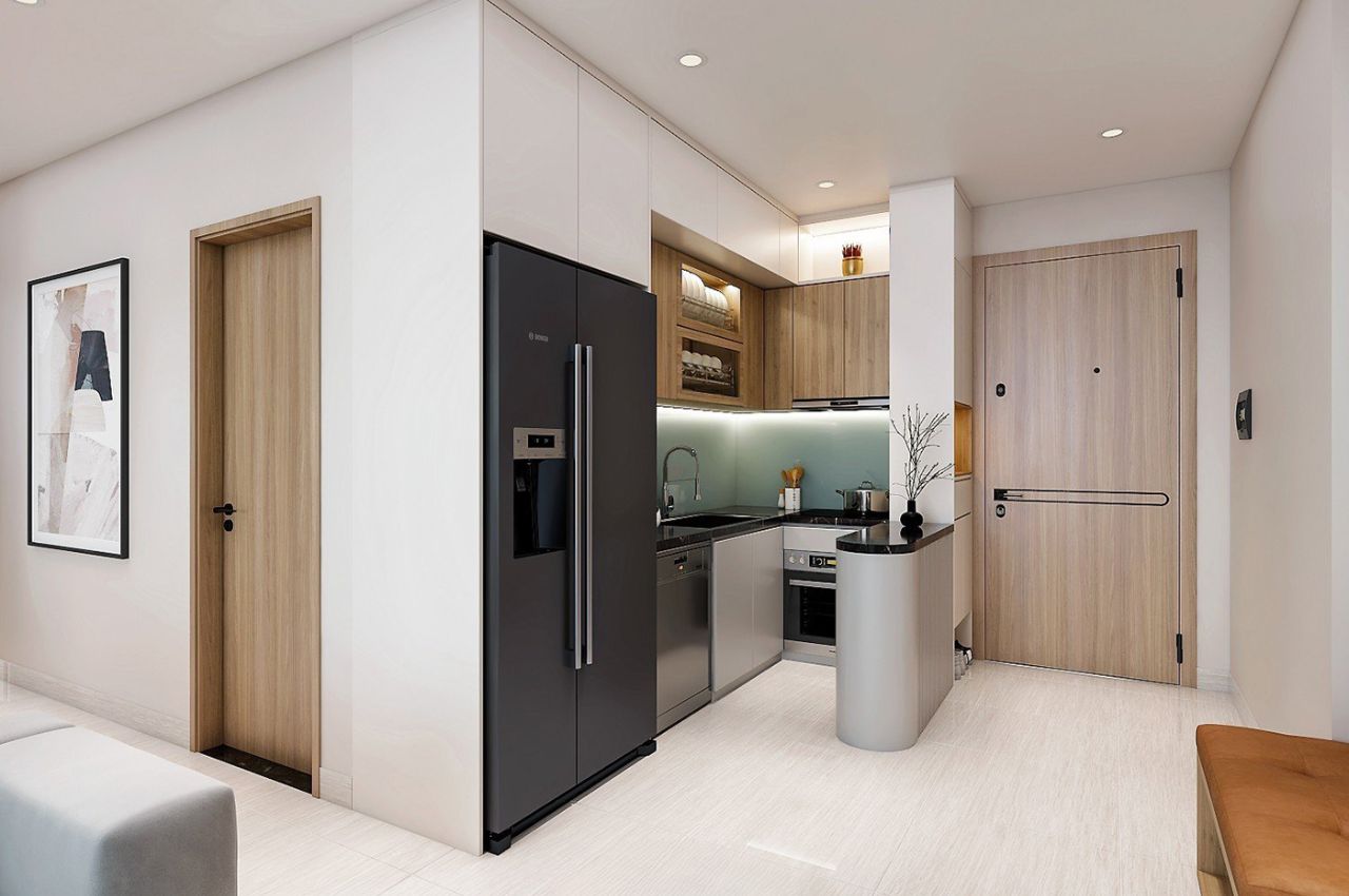 Tủ bếp MDF kết hợp quầy bar tiện lợi